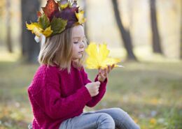 A Girl Examines A Maple Leaf. Child On A Walk In A Crown Of Leaves. Preschool Girl In The Autumn Park.
