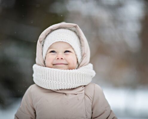 Pretty Toddler Girl Smiling In Winter Outdoors